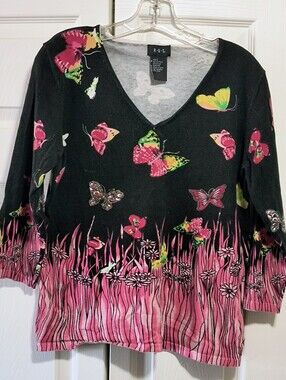 R.Q.T. Black & Pink Butterfly V-Neck Top